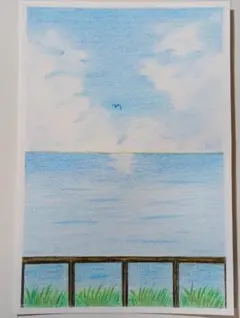 色鉛筆画　海と空の風景画のサムネイル