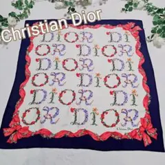 美品✨Christian Dior　大判シルクスカーフ　リボンフラワーロゴ