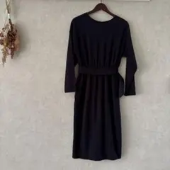 ADAM ET ROPE ウエストベルト付きネイビー長袖ワンピース