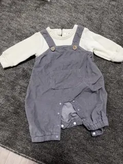 コットン製グレー・ホワイトオーバーオール 50〜60cm