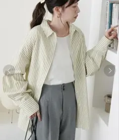 ディスコートアソートストライプシャツ♡ミントオーバーサイズブラウス黄緑
