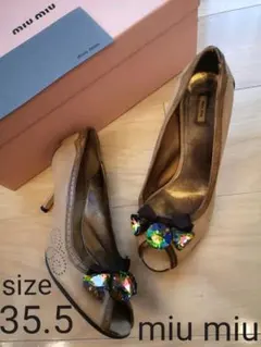 素敵⭐miu miuのオーロラ宝石ビジューの茶クラシックパンプス 35.5 22
