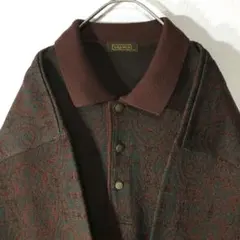 【個性派古着】長袖総柄デザインポロセーター　幾何学模様　ヨーロピアン調　赤茶色M