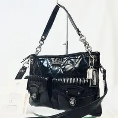 美品 COACH コーチ キルティング エナメル 2Way ターンロック 黒