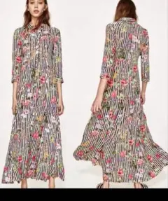 【完売】ZARA WOMAN フワープリントストライプロングシャツワンピース　S