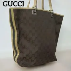 ◇GUCCI グッチ トートバッグGGキャンバス×レザー ダークブラウン◇