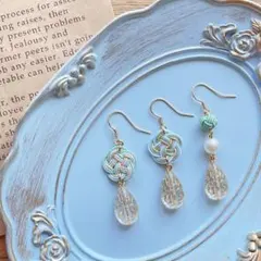 水引＊結雫セット【青磁】梅結び×ドロップビーズ/ピアス/イヤリング