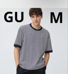 GU ワッフルT(5分袖)(ボーダー)ストライプデザイン 半袖TシャツM