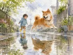 柴犬が水たまりを飛び越え少年が追いかける住宅街の透明感ある水彩風 c28