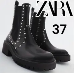 極美品 ZARA シルバースタッズ 黒レザー サイドゴアブーツ ザラ 37 黒