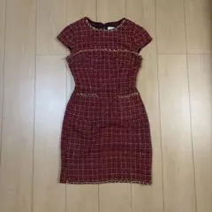 JEWELS ツイード チェーン装飾 ワンピース レッド