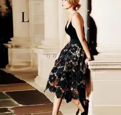 ☆韓国☆花柄 レース フレアスカート ミモレ丈 Ｌ