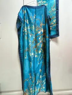 カフタンワンピース スカーフ付青の花柄　ガラベーヤ