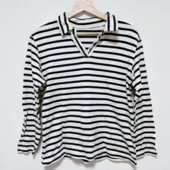 レディース 白黒ボーダー 長袖ポロシャツ Vネック シンプル 冬 春