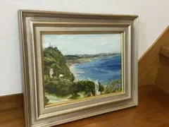真作】絵画 油彩4号 青空と帆船のある港風景 静かな港に佇む帆船 D5