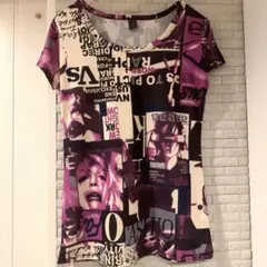 美品　アートプリントTシャツ　パープル　ストレッチ　グランジ　y2k