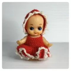 ビンテージ風 赤白ドレス 昭和レトロ 手編み赤ワンピ キューピー人形 k-95