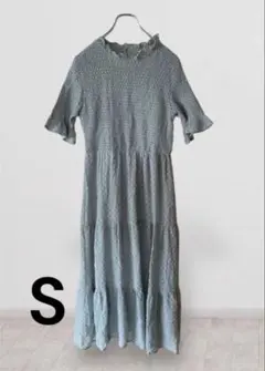シフォンワンピース ドット柄 ロングワンピース フリルネック 半袖 S 水色