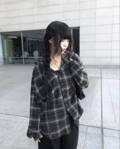 nugu anyonemore フード付き チェックシャツ カーキ