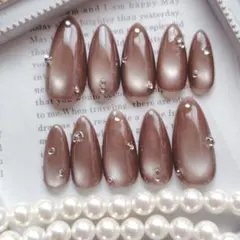 現品　オーダー可能　ワンホン　オフィス　上品　マグネットネイル　ブラウン