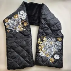 ロング裏ボアマフラー　ポケット付　トールペイント　手書き　黒薔薇　冬　防寒具