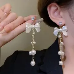 新品　リボン パール ロングピアス