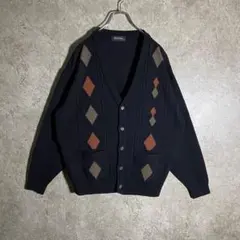 【良デザイン】ヴィンテージアーガイル柄カーディガン ニット ブラック L