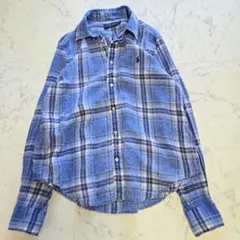 美品 ポロラルフローレン 麻100％ チェック リネンシャツ ゆったり ネイビー ラルフローレン ブルーチェック 麻 リネン100 半袖シャツ