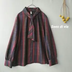 Sens di vie ◉チェック柄ボウタイブラウス　美品　金ボタン　通年