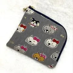 ハンドメイド　L字ファスナーポーチ　コインパース　ブサカワ猫　グレー