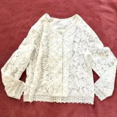 90sヴィンテージ 総レース花柄スパンコール 裾袖スカラップ シアーカーディガン