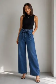【Drawer】ウエストリボン ワイドデニムパンツ36 ブルーのサムネイル