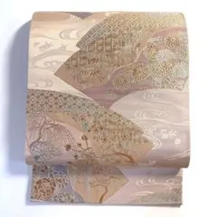 5k2775 袋帯　絹　唐織　ピンク　金色　銀色　花柄　和装　着物