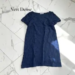 Vert Dense フレアワンピース【M】総レース 花柄 ネイビー A196