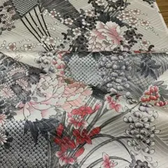 1939★着物 正絹　四季花鹿の子金彩模様　袖ハギレ35×104★