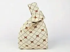 ミニアイボリー チェックリボン柄 トートバッグ　ニットトート