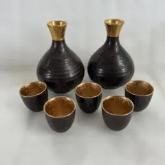 黒と金の陶器製お猪口と徳利セット　5客セット　金彩