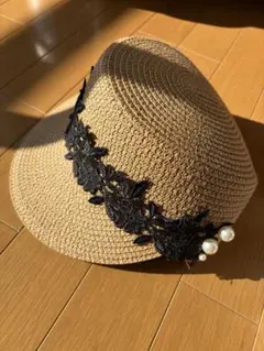 レディース 麦わら帽子 レース パール装飾