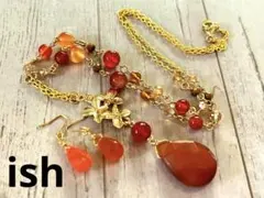 【A039】ishカーネリアンと3連フラワーチャームネックレス＆ピアス
