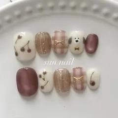 ネイルチップさくらんぼ犬ネイルマグネットニュアンス春ネイル韓国 ワンホンちゅるん