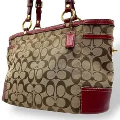 良品　A4収納　コーチ　トートバッグ　シグネチャー　キャンバス　レザー　赤　茶