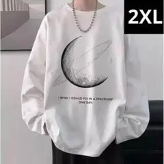 ロンTトップス月（ホワイト/２XLサイズ）ムーン春秋レトロ長袖白Ｔシャツm026