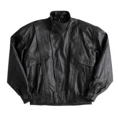 80s レザー ボンバージャケット ブルゾン オールブラック 革ジャン 本革 黒