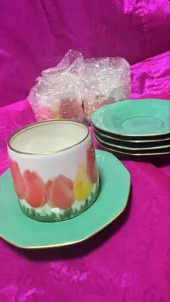 香蘭社　チューリップ柄　 　湯呑み&茶たく　５セット