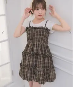 ems excite シャーリングバルーンOP ブラウンチェックミニワンピース