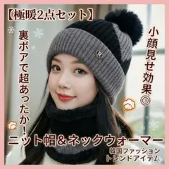 ニット帽 ネックウォーマー 2点セット ブラック 極暖 韓国 裏ボア 防寒