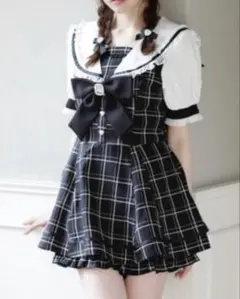 LIZLISA 半袖 セーラーカラー セットアップ　ブラックチェック
