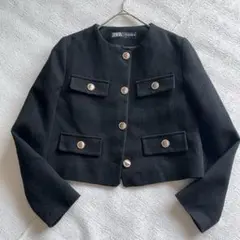 ZARA ザラ ツイードジャケット 金ボタン ブラック 黒 ノーカラー