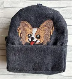 ハンドメイド 刺繍 パピヨン うちの子 犬 ミニリュック型ポーチ - メルカリ
