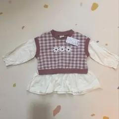 新品　チェック柄フリル付き長袖トップス80